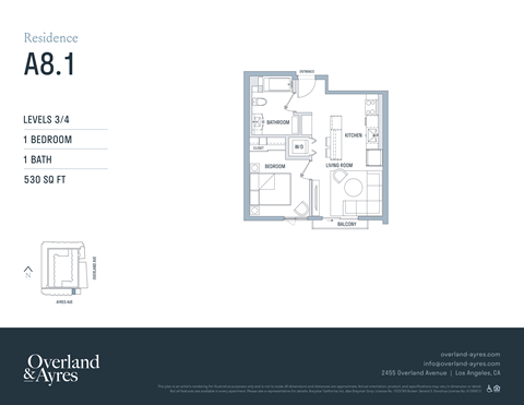 A floor plan for a residence labeled A8.1 shows a 1 bedroom, 1 bathroom apartment at 530 square feet.
